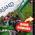 Eine Onride-Perspektive auf der „Booster Bike“ Moto-Achterbahn im Toverland. Die Fahrgäste sitzen auf motorradähnlichen Sitzen und fahren durch eine grüne Landschaft. Rechts im Bild zeigen Diagramme die vertikalen, lateralen und longitudinalen Kräfte während der Fahrt. Ein roter Pfeil mit der Aufschrift „Ride Forces“ weist auf die Kraftanalysen hin. Oben links das Logo von Toverland.