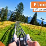 Perspektive eines Fahrgasts auf der Strecke des Floomzer Alpine Coasters am Flumser Berg. Die Schienen führen durch eine grüne Berglandschaft mit Bäumen und einem Bergpanorama im Hintergrund, unter klarem blauem Himmel.
