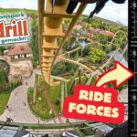 Eine Aussicht von oben auf die Achterbahn „Hals-über-Kopf“ im Erlebnispark Tripsdrill, aufgenommen während einer steilen Abfahrt. Rechts im Bild sind Diagramme zu sehen, die die vertikalen, lateralen und longitudinalen Kräfte während der Fahrt aufzeichnen. Ein roter Pfeil mit der Aufschrift „Ride Forces“ weist auf die Kraftanalysen hin. Das Logo des Erlebnisparks Tripsdrill ist links oben im Bild eingeblendet.