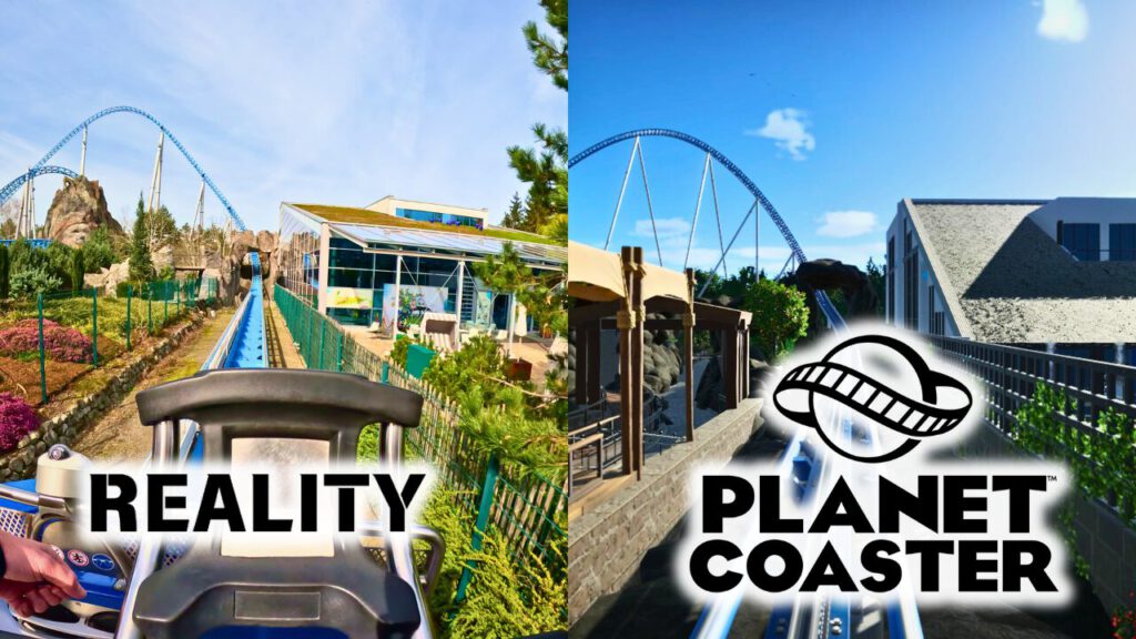 Vergleich zwischen einer realen Aufnahme der Blue Fire Megacoaster-Achterbahn im Europa-Park und einer Nachbildung im Spiel Planet Coaster. Links zeigt das Foto die echte Achterbahnstrecke mit umgebender Landschaft, Pflanzen und einem modernen Gebäude. Rechts sieht man die virtuelle Version der Achterbahn in Planet Coaster, die die Schienenführung, die Umgebung und die Gebäudearchitektur nachempfindet.