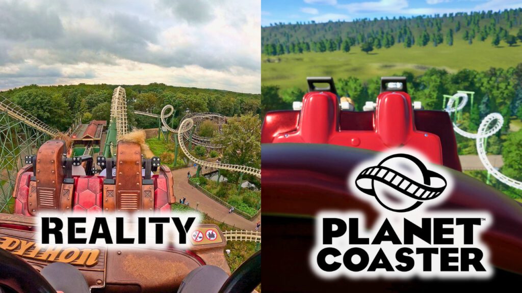 Eine geteilte Bildaufnahme zeigt die Achterbahn „Python“ im Efteling. Links ist die reale Version der Achterbahn zu sehen, während rechts die digitale Nachbildung in Planet Coaster abgebildet ist. Beide Perspektiven zeigen den ikonischen Drop und die Looping-Elemente der Bahn.